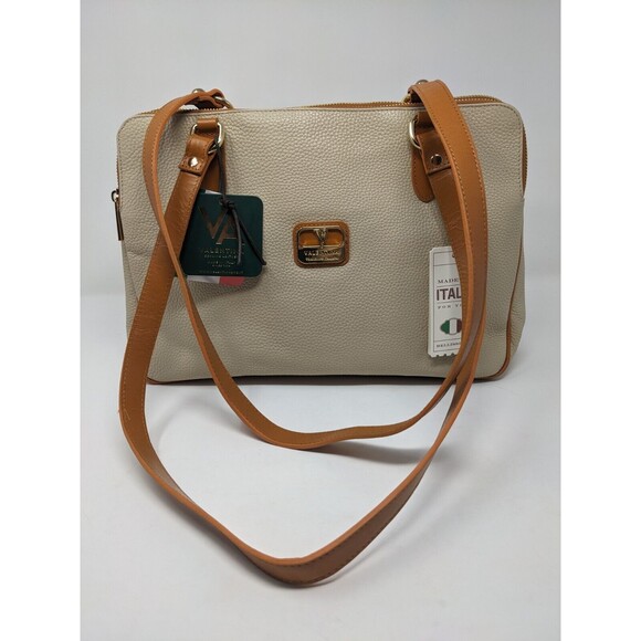 Valentina Beige Brown Pebbled Italian Leather Tote Shopper Bag 3 Compartment NWT
